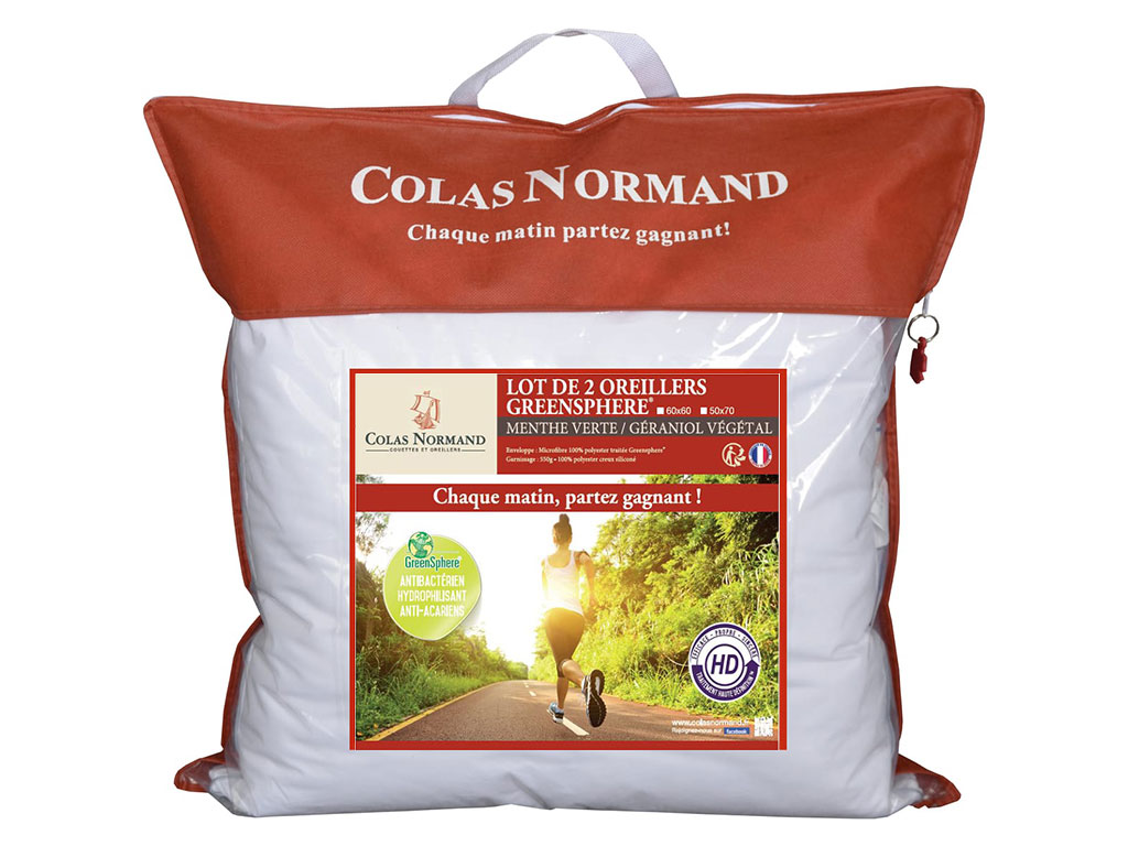 Lot 2 oreillers Colas Normand anti acariens Greensphere
