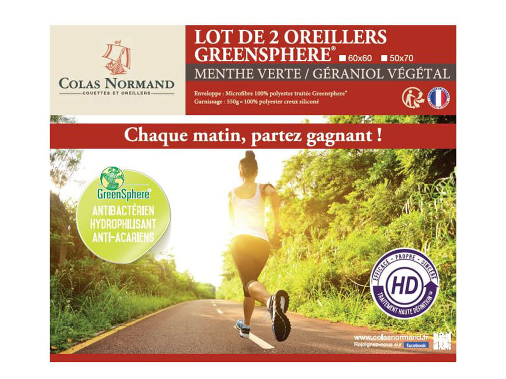 Lot 2 oreillers Colas Normand anti acariens Greensphere